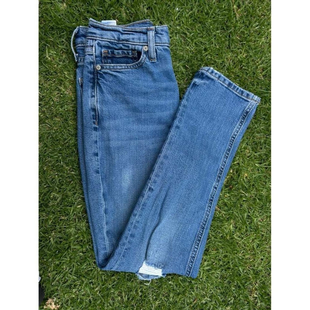 Banana Republic Premium Denim High-Rise Straight Leg Distressed Jeans Blue 25
